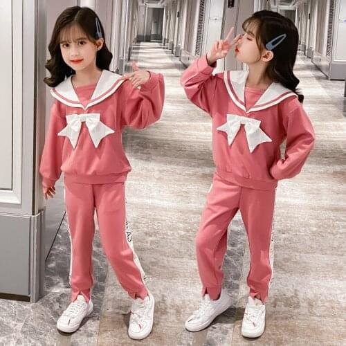Girls Suit Sweatshirts +Pants 2Pcs/Sets 2021 Bow Spring Autumn Teenagers Outwear Kids Cotton Tracksuit Sport Suits Children Clot