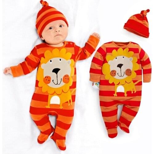Hooyi Stripe Lion Cute Baby Boys Clothes Newborn Rompers Hat Sets Orange Bebe Pajamas Suit Jumpsuit