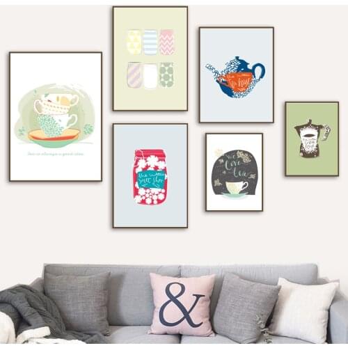Canvas Painting Coffee Pot Teacup Bottle Cartoon Dining Wall Art Nordic Posters And Prints Pictures Modern For Home Decoration