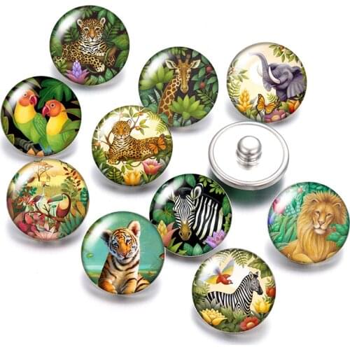 DB0572 New forest Animals Tiger Birds 18mm snap buttons 10pcs mixed round photo glass cabochon style for snap button jewelry