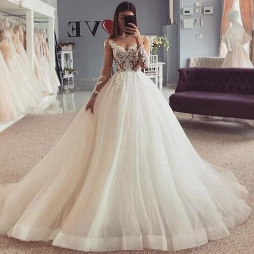 Vestido de Noiva Manga Longa Sexy Wedding Dresses Long Sleeve lace Bride Dress 2021 Illusion Princess Wedding Gowns Shiny Tulle