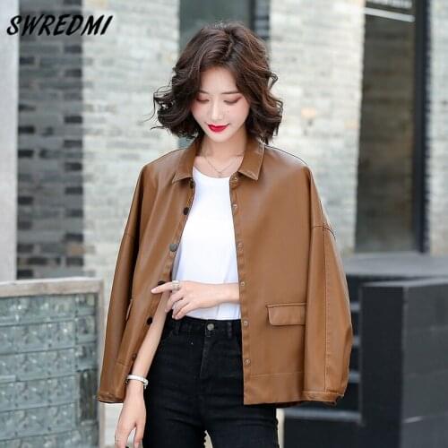 SWREDMI Spring Autumn New Women Faux Leather Jacket 2021 Single Breasted Short Loose PU Leather Coat Female Moto Biker Clothing