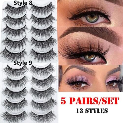 Hot 5 Pairs 3D False Eyelashes Wispies Cross Natural Long Eyelashes Extension Handmade Cruelty-free Lashes Makeup Ultra-wispy