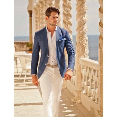 Casual Men Suits Designer 2020 Summer Beach Wedding Suits For Men Blue Blazer White Pants 2 Pieces Street Prom Best Man Suit New