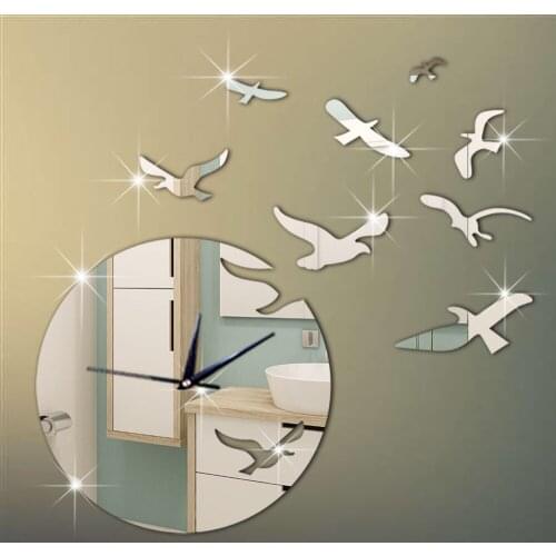 Seagull Mirror Wall Wall Clock 3D Stereo Green Silent Quartz Clock Study Bedroom Living Room Decoration