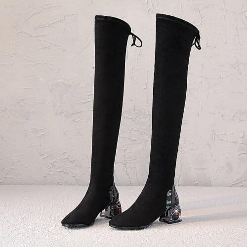 Black fashion winter new ladies shoes round toe platform wedges boots stretch fabric+cow leather knee high boots