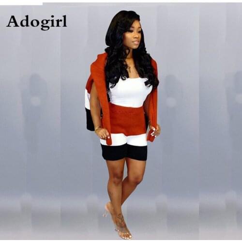 Autumn Sweater Color Block Two Piece Set Long Cardigan Coat with Hat +Short Pants Soft Slim Tracksuit Women Autumn Winter Suits