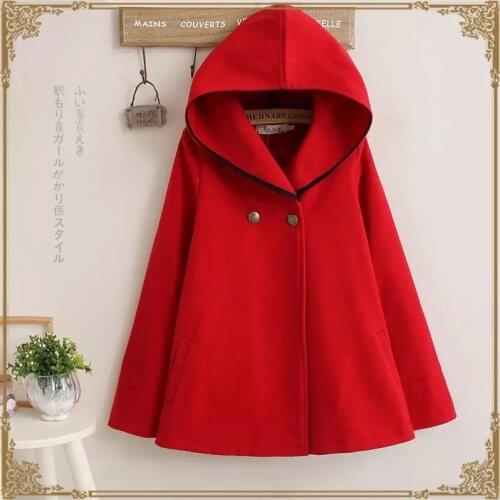 Autumn women preppy style wool cloak woolen coat outerwear hooded preppy style student girls cape style loose long blends