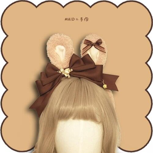 Bear Biscuit Cute Rabbit Ears Handmade Headwear Hairband KC Lolita Bows Sweet Kawaii Cosplay Mini