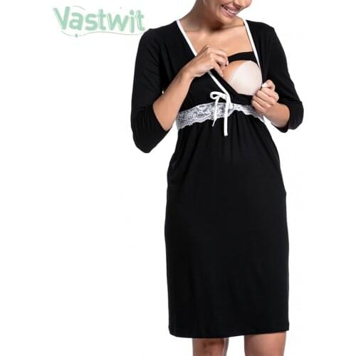 Maternity Nursing Pajamas Lace V Neck Pregnant Women Breastfeeding Nightgown Maternity Fashion Sleepwear for Pregnancy Nightwear