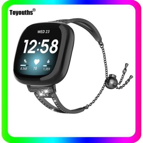 Toyouths Jewelry Watch Strap for Fitbit Versa 3 Metal Bling Bracelet Adjustable Watch Strap Women Fashion Band for Fitbit Sense