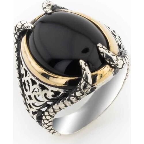 Black Oval Onyx Stone Clawed Silver Ring