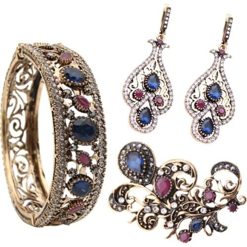 Elegant Turkish Women Earrings&Brooch&Bracelet Jewelry Sets 3pcs Sets Flower Wedding Jewelry Antique Gold Color Bangle Arab Pin