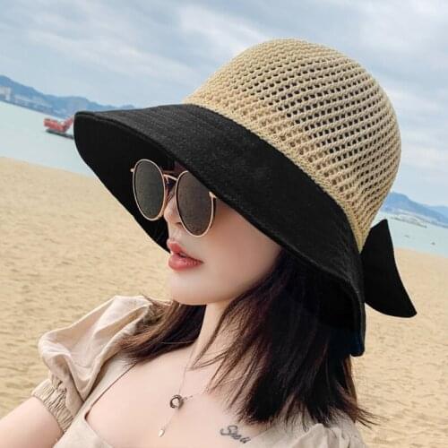Womens Summer Mesh Top Sun Visor Beach Hat Split Floppy Wide Brim Sweet Bowknot Holiday Outdoor Sunscreen Bucket Cap