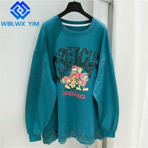 Cartoons Print Sweatshirt Women Lace Splice Fashion Sequins Hoodies O-Neck Long Sleeve Loose Pullovers Female Casual Sweatshirts