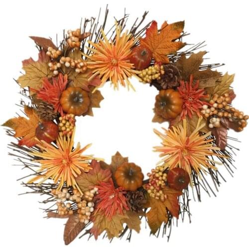 Fall Wreath, 18 Inch Chrysanthemum Pumpkin Wreath for Front Door Outside perfect for Autumn & Halloween