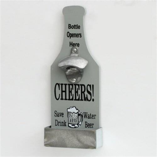 Vintage Rustic Bottle shaped Opener Wood Iron Metal Wall Hanging Mounted Bottle Opener Cap Catch Catcher Home Bar Decoration