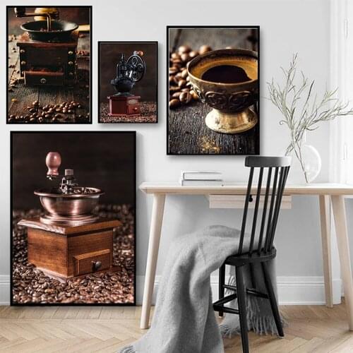 Canvas Poster And Print Vintage Espresso Machine Coffee Beans Pictures Wall Art Decor For Cafe Salon Dining Room Bar Store