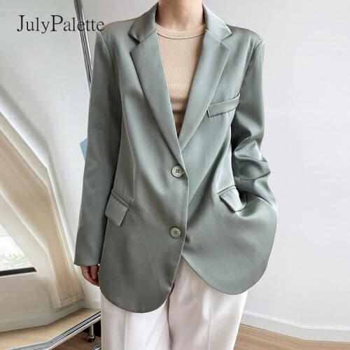 JulyPalette Elegant Ladies Single-breasted Women Satin Blazer Coats 2021 Autumn Chic Soft Full Sleeve Female Loose Suit Jackets