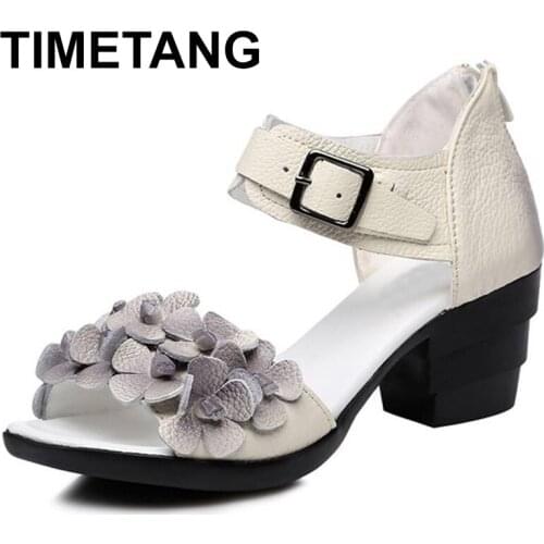 TIMETANG Women Thick Heels Sandals Peep Toe Flower Ethnic Style Handmade Genuine Leather Personalized Women Sandals E138