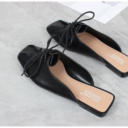 Womens flat shoes 2021 summer new square head shallow mouth Pu strap flat heel comfortable and fashionable wear Muller shoes