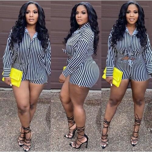 2021 High Quality New Design 2 pcs Women Set Striped Turn-down Collar Blouse and Shorts Summer Office Lady Outfits