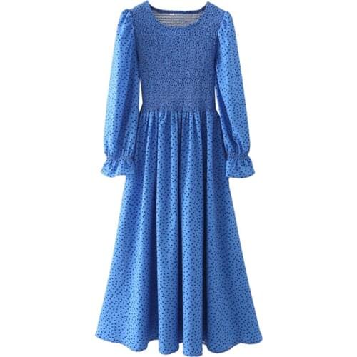 YENKYE Elegant Women Sweet Pattern Print Blue Long Dress Female O Neck Long Sleeve Casual Autumn Dress Ladies Vestido