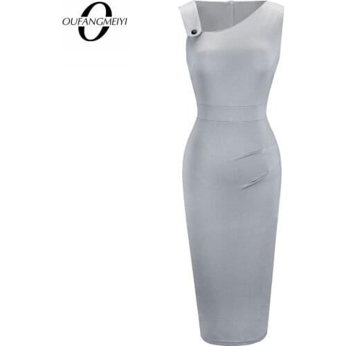 Women Summer Sleeveless One Button Solid Color Asymmetricl Neck Slim Office Lady Pencil Dress EB632