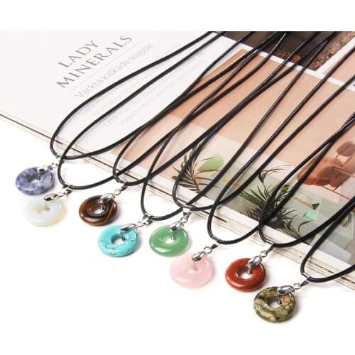 Lucky Jad Necklace Women Natural Pink Quartz Big Hole Bead Pendant Necklaces Men Chinese Peace Buckle Charm Black Leather Choker