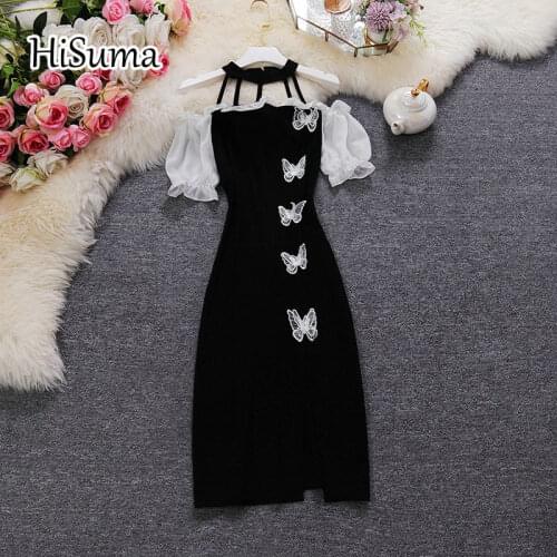 2021 summer new women o-neck ruffles butterfly sleeve chiffon split dress female Chic elegant waist sheath dresses