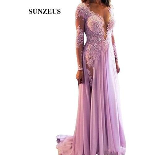 Appliques Illusion Sexy Prom Gowns With Long Sleeves Deep V-neck Beaded Party Gowns Chiffon Long Women Dress vestidos de gala