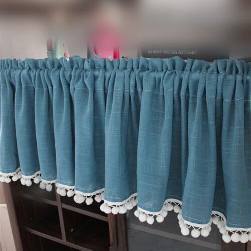 1pc Rod Pocket Beads Tassel Half Curtain for Kitchen Short Linen Bay Window Blinds Cafe Drapery Home Decor Vintage Solid Color