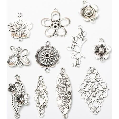 11pcs Antique Silver Mixed Flowers Metal Charms Connectors Bracelet Necklaces Accessories For Diy Jewelry Making Crafts Supplies