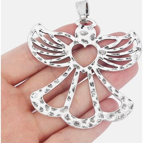 2pcs Antique Silver Color Charms Large Open Heart Lovely Hammered Angel Pendant For Necklace Jewelry Making Findings 71x70mm