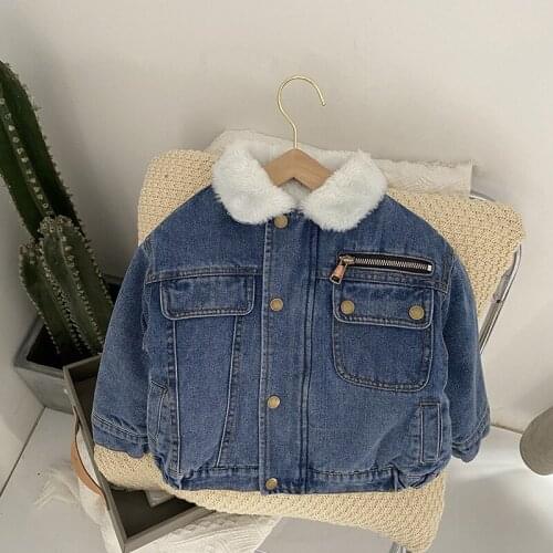 2020 Winter Boy Jacket Childrens Thick Plus Velvet Jacket Boy Fashion Lapel Denim Jacket Toddler Outwear Kids Wool Jackets 2-7Y