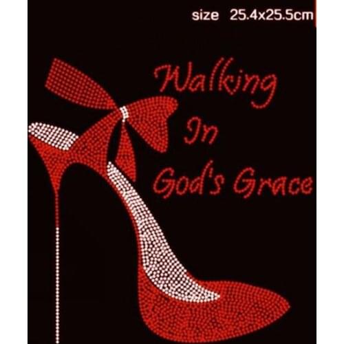 Free Shipping walking in gods grace hotfix rhinestone iron on transfers design red with white clear crystal for ladys