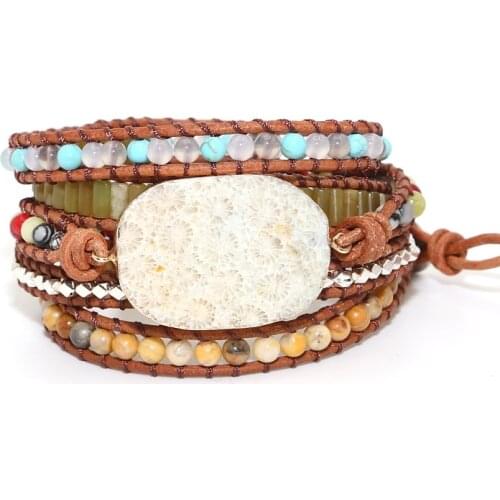 Natural Stone Bracelet Coral Jade Hand Woven Leather Bracelet Shoushan Stone Creative Multi-layer Charm Bracelet for Ladies