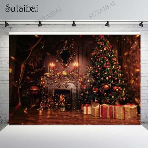 Merry Christmas Fireplace Interior Decorations Backdrop Xmas Tree Gifts Baby Photocall Background for Photography Photo Studio