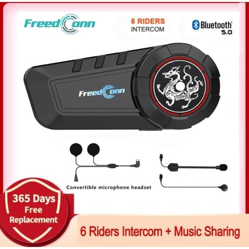 FreedConn Motorcycle Intercom Helmet Headset 6 Riders Group Talking Bluetooth 5.0 Music sharing FM Radio Waterproof Interphone
