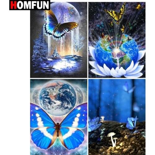 HOMFUN Full Diamond Embroidery "Butterfly blue flower" Diamond Painting Cross Stitch Patterns Rhinestone Unfinished Home Decor