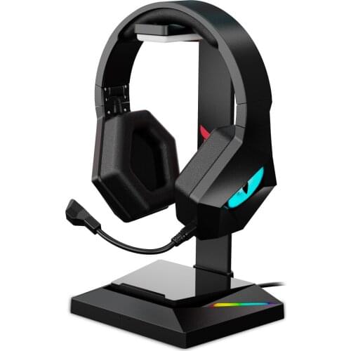 Gaming Headphone Stand & Wired Gaming Headset Desk Dual Headset Hanger Base with Phone Holder & 2 USB Charger Light