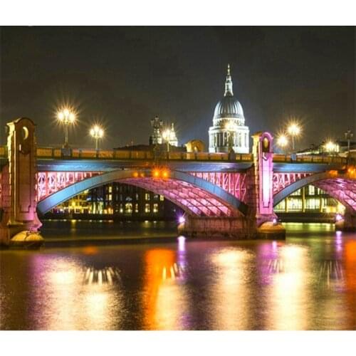 Pictures of rhinestones River bridge landscape in Night Scenery City DIY 3D Diamond Embroidery full layout cross stitch Diamond
