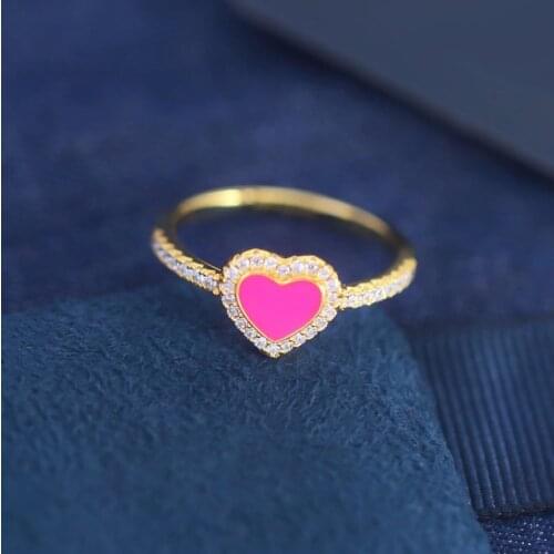 SLJELY Fashion S925 Sterling Silver Neon Pink Love Heart Paved Ring June New An Afternoon At The Beach Series Women Fine Jewelry