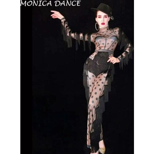 Sexy Stage Black Nude Dot Fringe Jumpsuit Womens Birthday Prom Big Leggings Outfit Bar Women Singer Dance Stage Jumpsuit