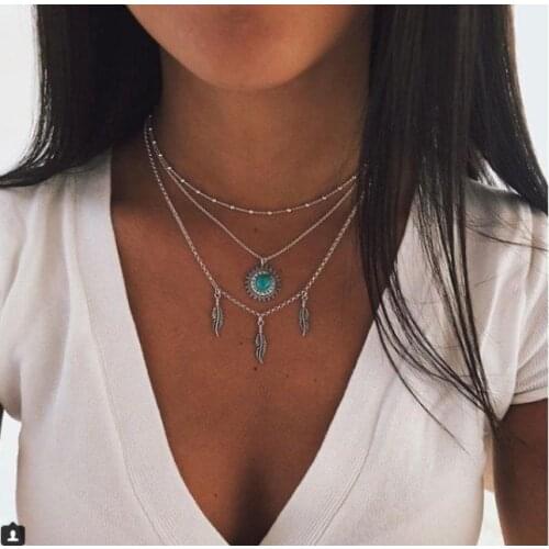 F956 hanzhishang creative simple neckchain alloy feather pendant multi layer Necklace