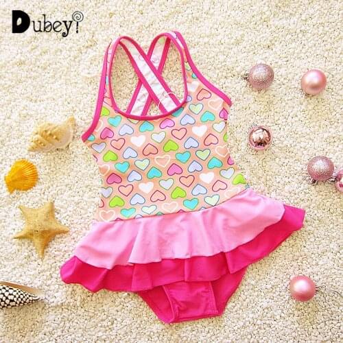 Baby Girl Bathing Suit 1 Piece Girls Swimwear Cute Heart Pattern Bikini with Cross Suspender Beach Holiday Swim Wear