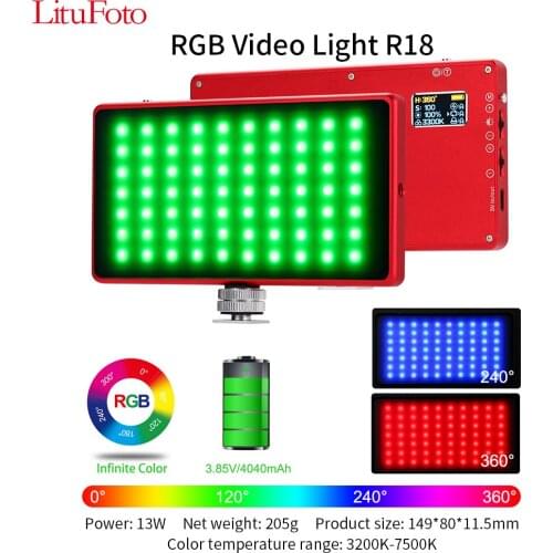 LituFoto R18 VL180 RGB Dimmable LED Video Light Panel 4040mAh 3200k-7500k Photography Lighting For Live Stream Studio Fill Lamp