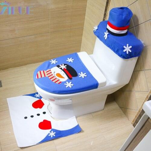 Zilue 1 Set New Hand Embroidery Christmas Snowman Blue Toilet Three-piece Christmas Day Household Items Christmas Decorations
