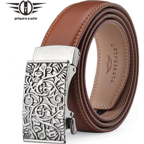 Plyesxale Genuine Leather Belt for Men Automatic Buckle Luxury Brand Cowskin Mens Belt Casual Formal Men Belt Black Brown B708