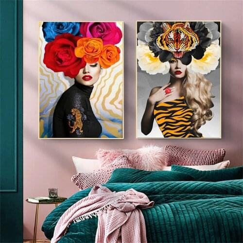 Sexy woman with flowers above head Wall Art Canvas Painting Portrait Poster Wall Pictures Paintings For Living Room Wall Decor
